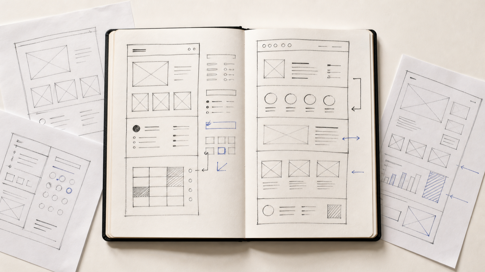 Open sketchbook with product design wireframes
